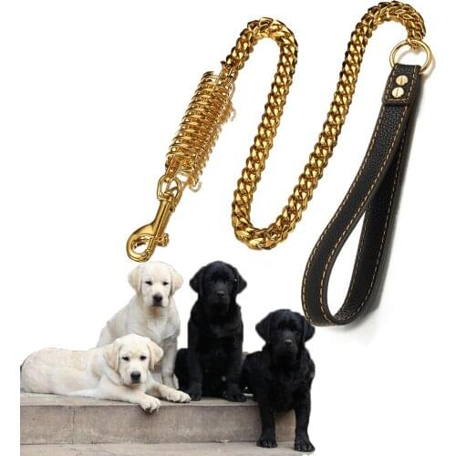 Tiasri Stainless Steel Dog Chain Gold Color Train Pet Safety Ropes Cubas Link Buffering Function Pet Supplies Bulldog 15mm