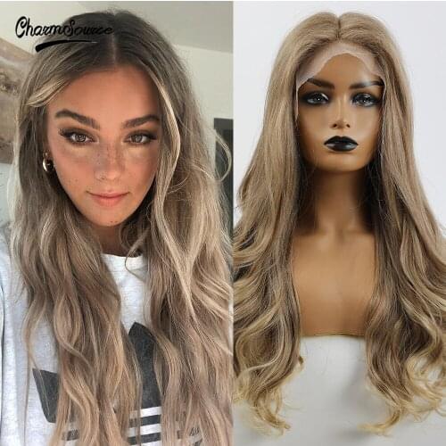 CharmSource Long Wave Lace Part Synthetic Wigs Ombre Grey to Blonde Baby Hair For Women High Density Heat Resistant Daily Use