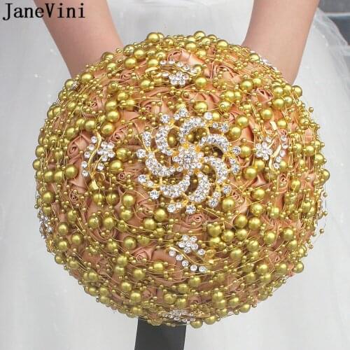 JaneVini Fake Bouquet for Wedding Flower Bridal Bouquets Gold Satin Black Ribbon Crystal Bride Bridesmaid Bouquet de Mariage