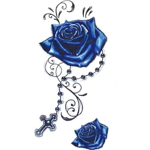 Rose Flowers Vine Waterproof Temporary Tattoo Sticker Blue Pearl Necklace Cross Fake Tattoos Flash Tatoos Arm Body Art for Women