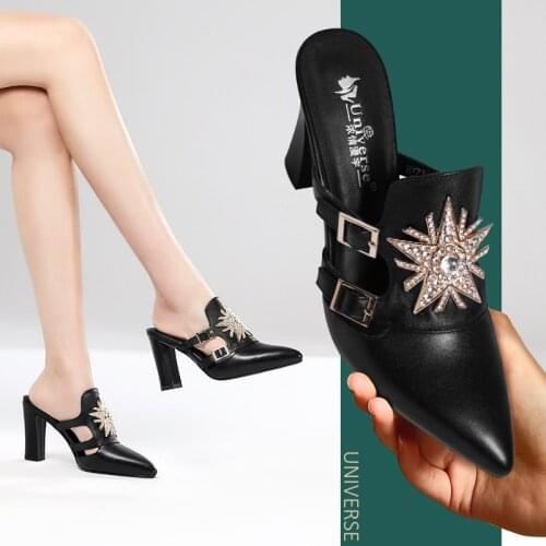 Universe H049 Myrh Style Rhinestone Buckle Strap Napa Genuine Cow Leather Comfy Thick High Heels Women Slippers Ladies Mules
