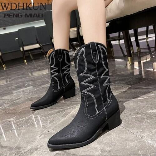 2021 Women Mid Calf Western Boots Cowboy Pointed Toe Knee High Pull on Boots Ladies Fashion Leather Motorcycle Boots Botas Mujer