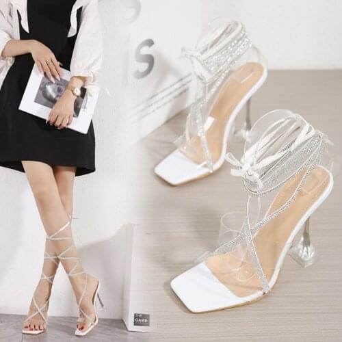 Summer High Heels Lady Rhinestone Comfort White Transparent Jelly Wedding Shoes Sexy Party Crystal Heels Woman Cross-tied Sandal