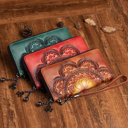Genuine Embossed Leather Women Long Wallet Purse Handy Bag Retro Pattern Multi-Cards Female Cowhide Zipper Wrist Clutch Bags