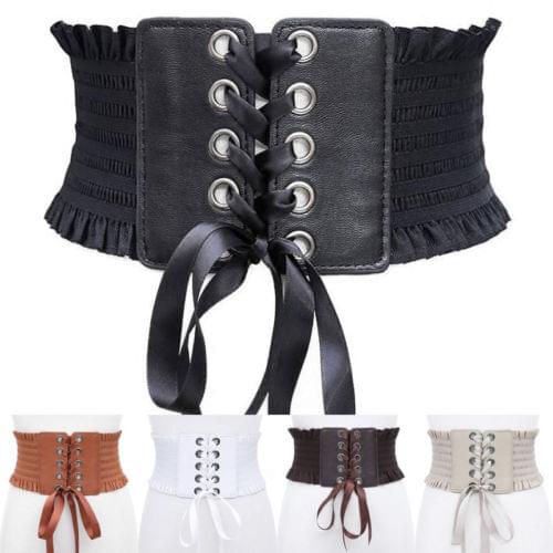 Women Ladies Fashion Stretchy Belt Tassels Elastic Buckle Wide Dress Solid Corset Waistband