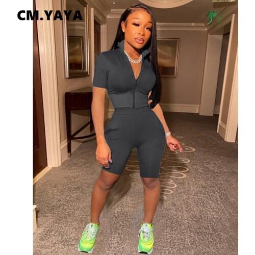 CM.YAYA Women Set Solid Zip Strand Collar Short Sleeve Crop Tops Pockets Strechy Shorts Two 2 Piece Set Tracksuit Outfit Summer