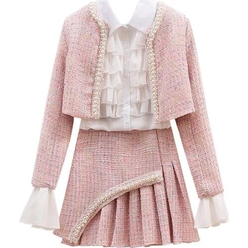 2021 Autumn Sweet Tweed 3 Piece Set Women Pearls Beading Short Jacket Coat+White Chiffon Shirts+Mini Pleated Skirt Set Winter