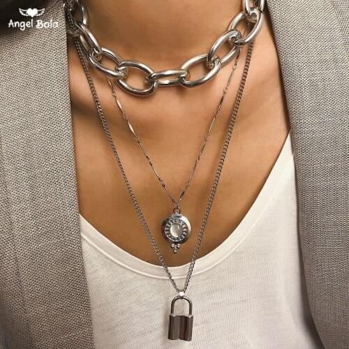 Collar Statement Alloy Lock Pendant Necklace for Women Jewelry Gifts Vintage Multi Layered Aluminium Choker Necklace