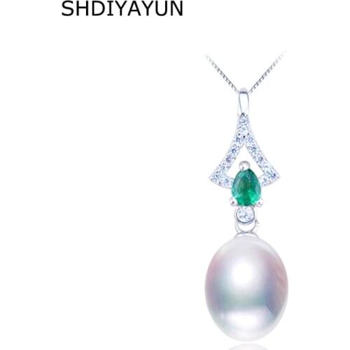 SHDIYAYUN 2019 Pearl Necklace 925 Sterling Silver For Woman Pearl Jewelry Natural Freshwater Pearl Green Zircon Pendant Gift