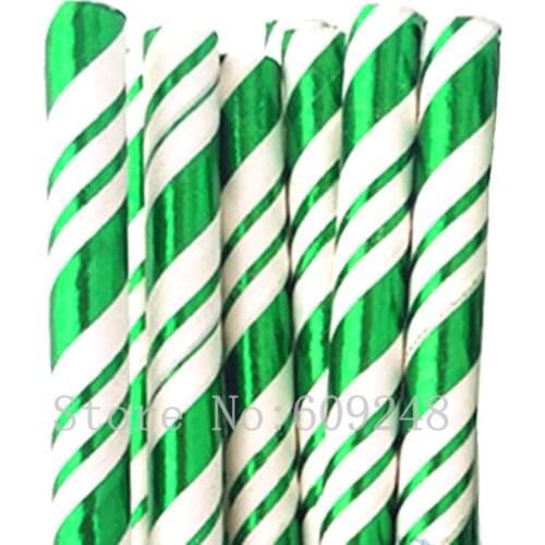 100pcs Christmas Metallic Green Foil Striped Paper Straws,Shiny Jungle Wedding Holiday Party,Mason Jar Cake Pop Sticks Bulk