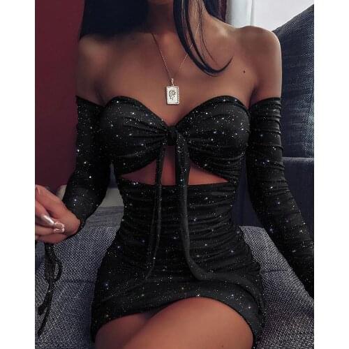 2020 Women Sexy Mini Dress Female Stylish Party Dress Club Glitter Off Shoulder Ruched Bodycon Dress