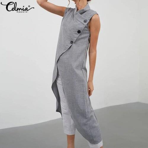 Celmia 2021 Summer Oversized Women Long Shirts Casual Sleeveless Blouse Asymmetrical Tunic Tops Button Down Blusas Femininas