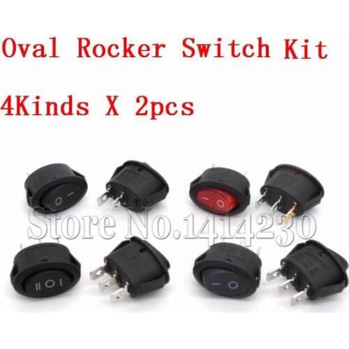 8PCS 2 Position 3 Position 2 Pins 3 Pins Mini Oval Rocker Switch Kit With Red Light ON-OFF AC 6A 250V 10A 125V