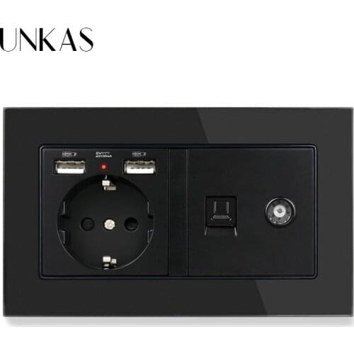 Crystal Tempered Glass EU Standard Electric Socket with 2 USB + RJ45 Internet Jack and Television Port Power Outlet