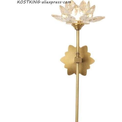 Chinese Zen Art Crystal Wall Lamp Copper Lotus Flower Wall Light Retro Vintage Led Indoor Wall Lamps Living Room Bedroom Study