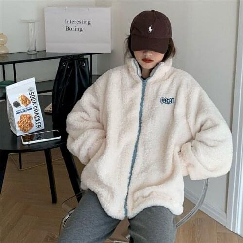 2020 Autumn Winter Imitation Lamb Plush Jacket Students New Korean Loose Fashion Top Women Clothing Oversize Clothes Colorblock