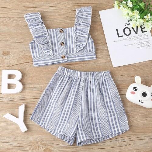 Toddler Girls 2Pcs Summer Outfits, Sleeveless Ruffle Strap Button Down Crop Tops + Shorts Set