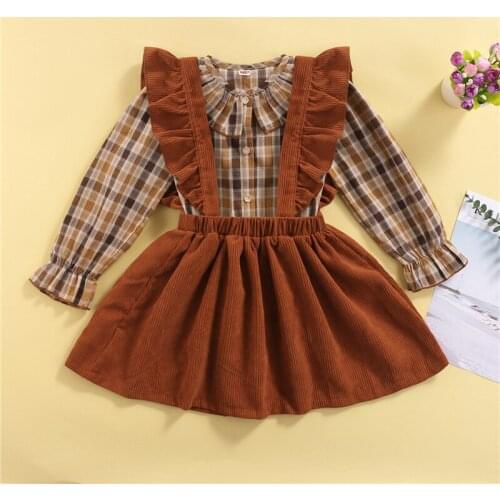 Cute Kids Baby Girl Clothing Sets Autumn Plaids Peter Pan Collar Casual Shirt+Suspender Corduroy Skirt Party Baby Girl Set 2-6Y