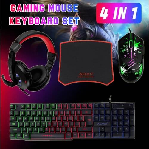 4 in 1 Gaming Keyboard and Mouse Mat Sets Kit Backlit Ergonomic Mause 3 Modes DPI Adjustable 3D Surround Sound Headphones for PC