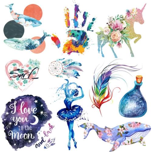 Diy Feather Patch Heat Transfer Cute Patch Iron On Transfer For Clothing Flower Stripes Patch Thermal Stickers Patches On Shirt