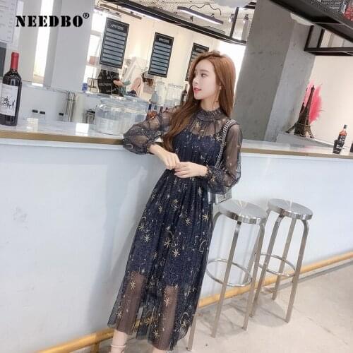 NEEDBO Sexy Constellatio Dress Vestidos Moon Lace Mesh Shiny Fairy Dress Women Elegant Bling Gauze Princess Puff Dresses Summer