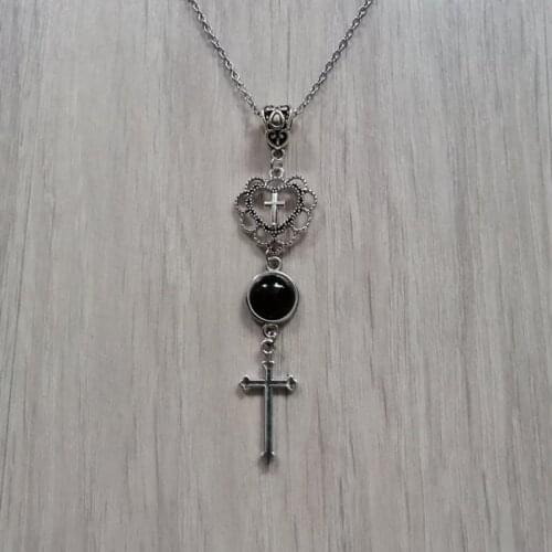 Necklace, Pendant, Onyx, Black, Stone, Heart, Cross, Goth, Gothic