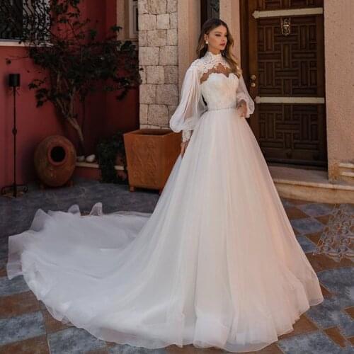 New Arrival Vintage Wedding Dresses 2021 with Jacket Shawl Puff Long Sleeve Bridal Dress Lace Wedding Gowns Plus Size Beaded