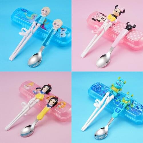 Disney Princess Frozen Elsa Baby Spoon 3D Cartoon Pixar Mickey Mouse Chopsticks Stainless Steel Spoon Set Kids Cute Utensils