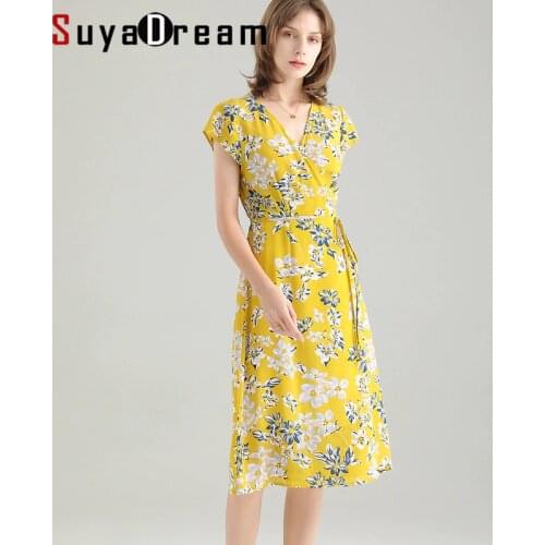 Women Dress 100%Natural Silk Crepe Belted Floral Printed V neck Dresses for Women 2019 New Holiday Dress Yellow