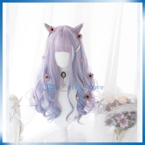Gradual Purple Blue Lolita Wig Horns Cosplay Harajuku Dream Sweet Cute Long Curly Wave Synthetic Hair Adult Girls Headwear