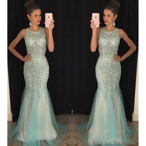 Amazing Full Crystal Beaded Mermaid Evening Dress Long Mint Green Sleeveless Vestido de festa Sexy Backless Shiny Prom Dresses