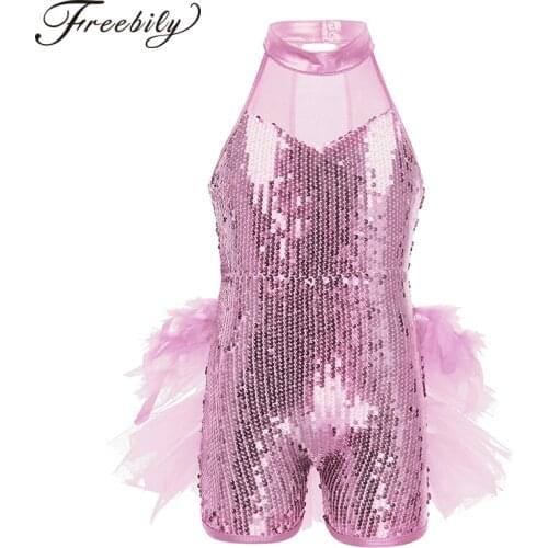 Kids Girls Sleeveless Mock Neck Sequins Jazz Latin Ballet Leotards Children Gymnastics Leotard Jumpsuit Stage Dance Costume