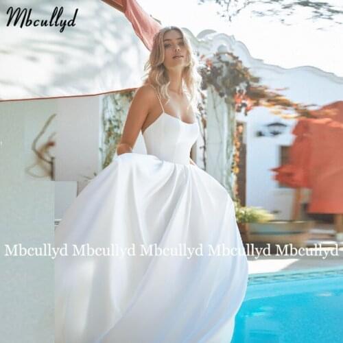 Vintage Long Satin Wedding Dresses Spaghetti Strap Back Open Princess Court Train White Bride Dress with Pockets High Quality