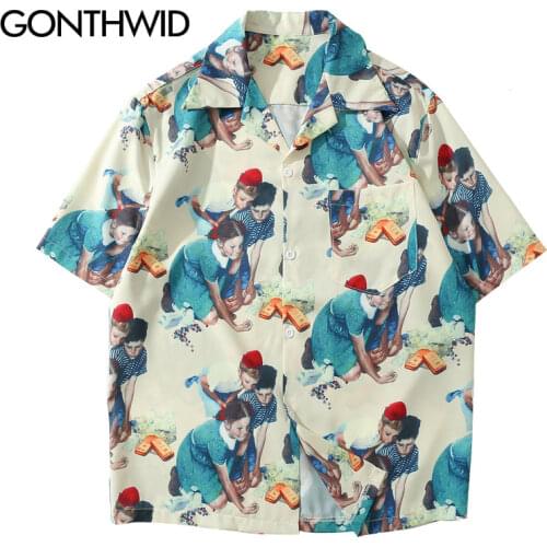 GONTHWID Vintage Painting Print Shirts Summer Fashion Casual Hawaii Beach Aloha Camp Shirt Streetwear Men Short Sleeve Shirts