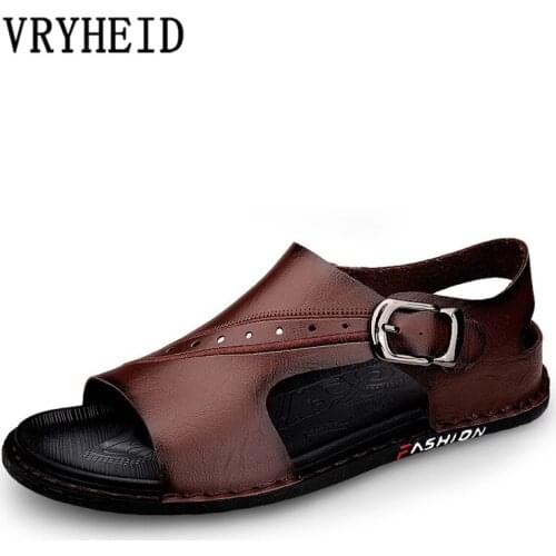 VRYHEID Genuine Leather Mens Sandals Breathable Flat Summer Beach Casual Shoes Daily Men Korean British Roman Sandals Buckle