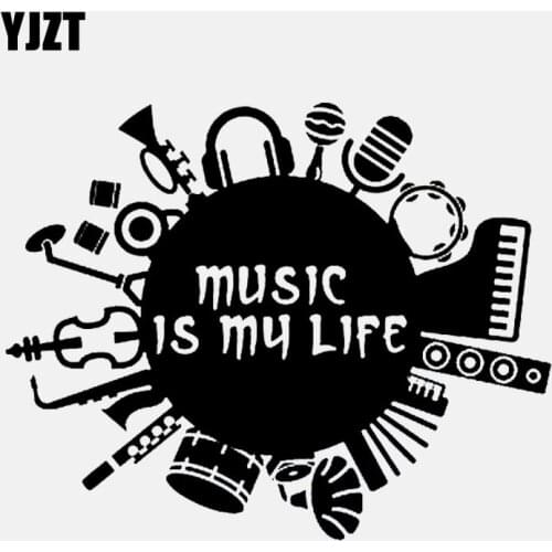 YJZT 15.8CM*12.6CM Music Is My Life Inscription Guitar Drum Contrabass Vinyl Black/Silver Car Sticker C22-0782
