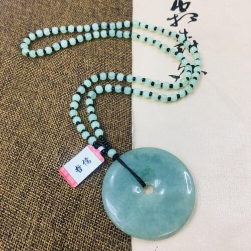 Zhe Ru Jewelry Pure Natural Jadeite Carved Light Green Large Donut Pendant with Green Bead Necklace Sweater Chain Send Certifica
