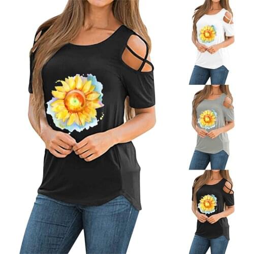 Women Short Sleeve Round Neck Sunflower Printing T-Shirt Exposed shoulders Tee Tops Solid Color Blouse Daily All-match T-shirt