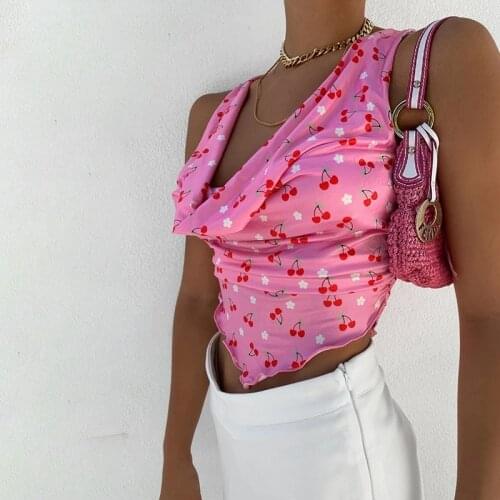 2021 Pink Cherry Ruched Sleeveless Tank Top Summer Sexy Sleeveless V Neck Crop Tops Tees Y2K Aesthetics Woman Streetwear