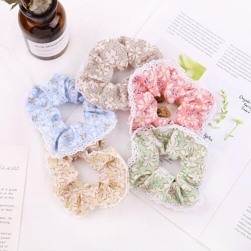 Women Fashion Sweet Elastic Hairband Cute Flowers Pattern Large Intestine Hair Rope Vintage Print Girls Headwear Birthday Gifts