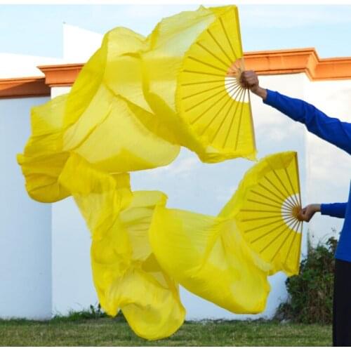 2016 High selling 100% Real Silk Veils 1 Pair handmade women Quality Silk Belly Dance Fan Dance dark yellow