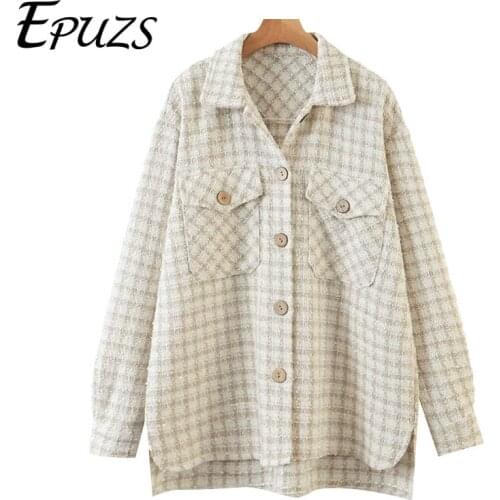 Aurumn loose lapel plaid jacket women winter coat casual pockets chic outwear long sleeven button thick outwear 2020