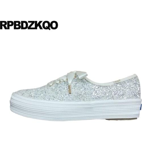 Women Bling White Flats Creepers Thick Sole Sneakers High Quality Muffin Glitter Platform Autumn Spring Sequins Single Shoes