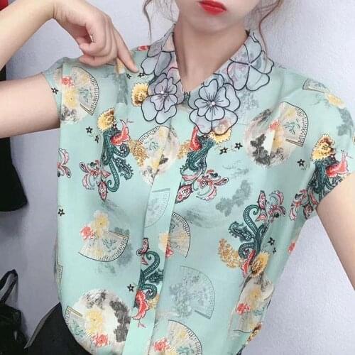 Printed Chiffon Women Shirts Summer Vintage Design 2021 Turn-Down Collar Loose Batwing Sleeved Elegant Female Outwear Tops