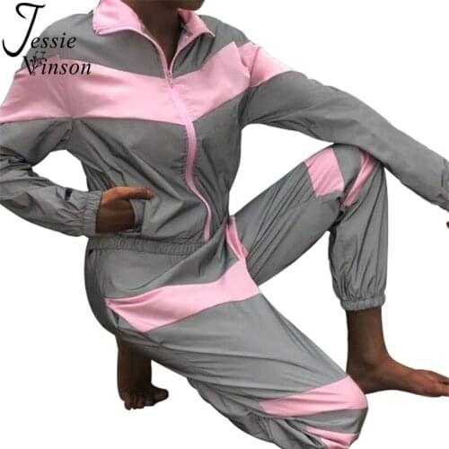 Jessie Vinson Stand Collar Long Sleeve Jacket & Long Pants Reflective Tracksuit Women Zipper Top Jogger Pants Two Pieces Set