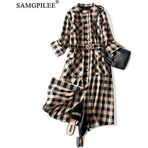 Korean Fashion Clothing Casual Dress A-line Plaid Three Quarter Sleeve Sashes Knee-length O-neck Elegant Dresses For Women 4XL