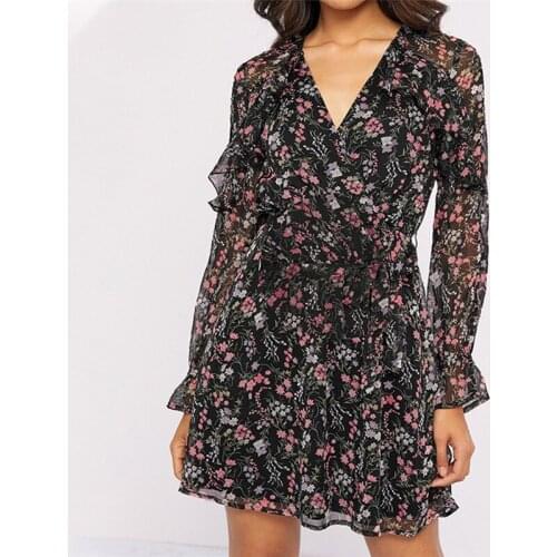 Women Boho Black Floral Print Ruffle Dress 2020 New Spring Summer Elegant Party Holiday A Line Dress Ladies Fashion Clothing Top