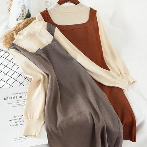 Sanishroly New Autumn Fake Two Patchwork Sweater Dresses Women Mini Knitted Dress Ladies Long Sleeve A-Line Dress Vestidos CD073