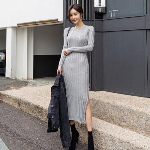 Knit Split Long Dress For Women 2012 Korean Fashion Ribbing Slim Wrap Hip Elegant Autumn Winter Sweater Base Pencil Dresses Gray
