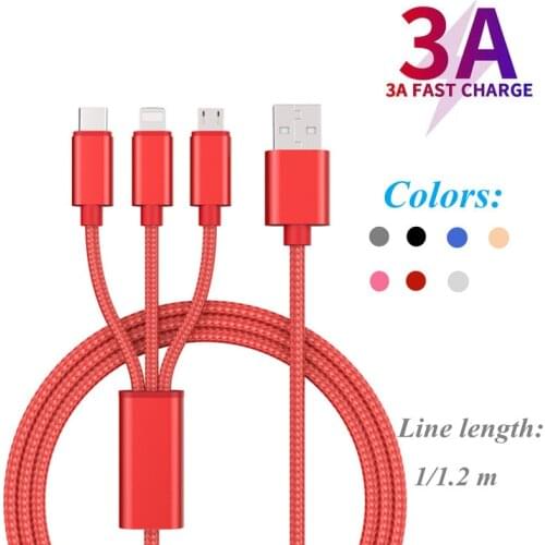 1/1.2 M Multi-Color Data Cable 3-IN-1 Fast Charging Line Type C USB Lighting Braided Anti-Break Phone Accessories